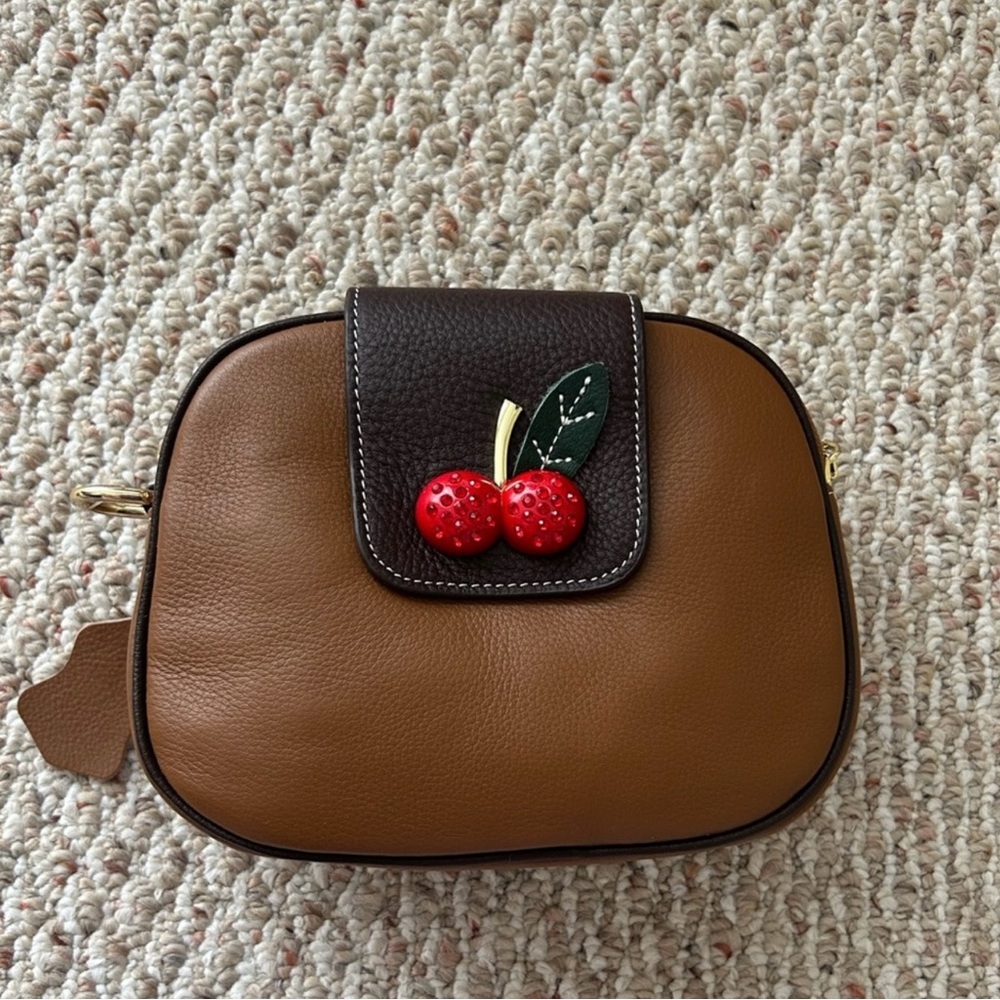 Brown Leather Crossbody Bag with Cherry Detail